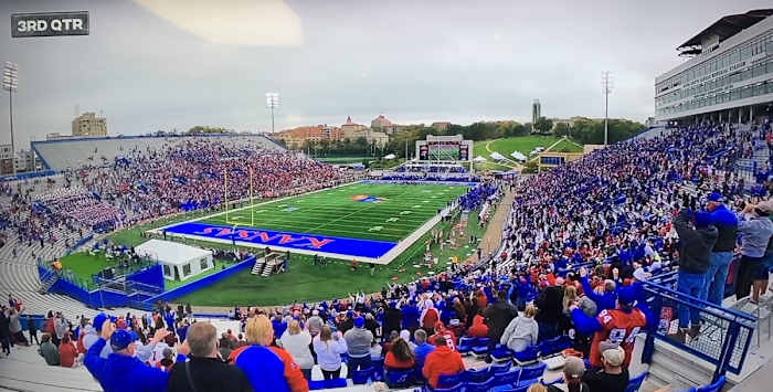 Photo of the ESPN broadcast– Oklahoma at Kansas, 2021. 